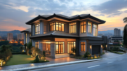 Sticker - Modern house with large windows at sunset, showcasing elegant design.