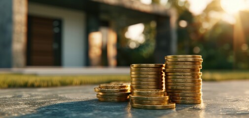 Poster - Stack of golden coins on a table with a blurred house backdrop, symbolizing wealth and financial success.