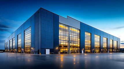 Wall Mural - Modern industrial building with large glass windows at dusk.