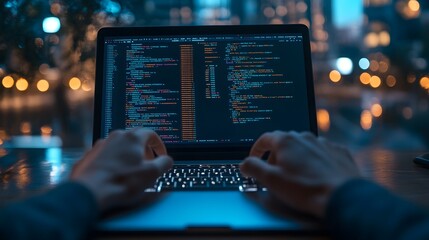 
Hands typing on laptop with programming code on screen, representing software development. Perfect for coding, IT solutions, digital technology, web applications.