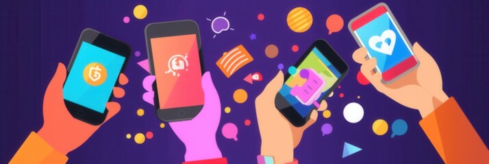 Aufkleber - A group of hands holds smartphones, each showcasing different active social media applications in a vibrant, playful backdrop. Generative AI