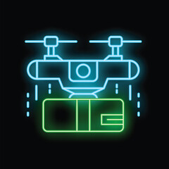 Poster - Bright neon sign depicting a drone delivering a package, symbolizing fast and modern delivery services