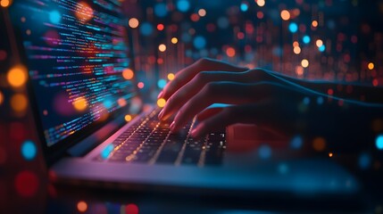 
Hands typing on laptop with programming code on screen, representing software development. Perfect for coding, IT solutions, digital technology, web applications.