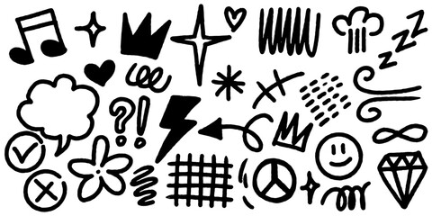 Wall Mural - bold brush hand drawn doodle style collection of heart, scribble, star, check mark, spirals, flower,