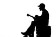 © Michael - Black Silhouette of a street performer playing guitar for tips on a white background.
