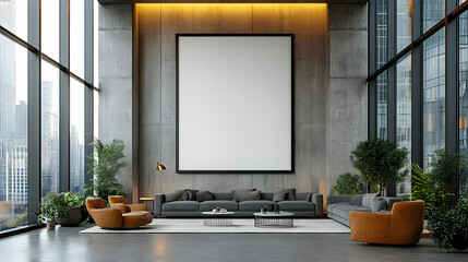 Canvas Print - Modern living room with large blank canvas and greenery.