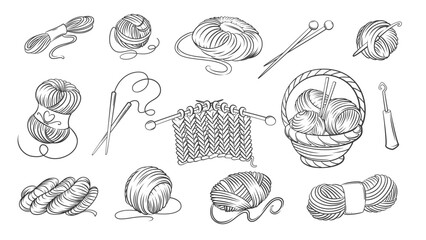 Wall Mural - Knitting line icons set. Hand drawn retro hook and needles knit scarf with woolen thread loops, basket of yarn balls, skeins. Needlework mascots, outline knitting icons collection vector illustration