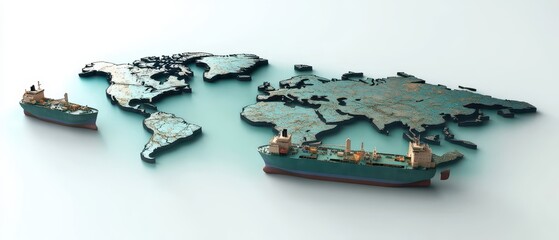 Transport ships navigating on world map oceans, global trade, 3D illustration