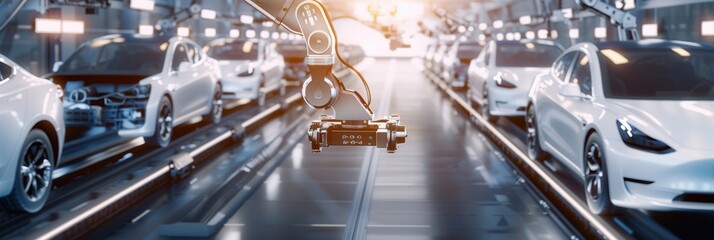 Leinwandbilder - Robotic arms are efficiently performing assembly tasks on vehicles in a cutting-edge car manufacturing plant. Generative AI