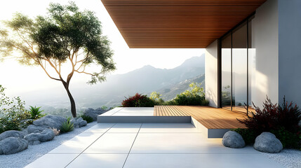 Poster - Modern outdoor patio with scenic mountain views and landscaping.