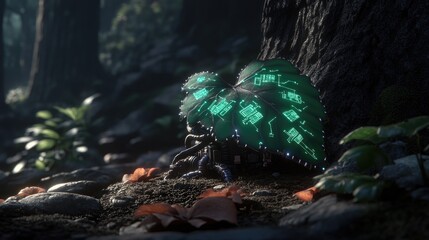Poster - Futuristic plant growth with circuit board veins in its leaves, illustrating the union of nature and technology for eco-friendly innovation.