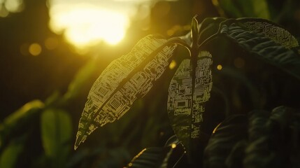 Poster - Futuristic plant growth with circuit board veins in its leaves, illustrating the union of nature and technology for eco-friendly innovation.