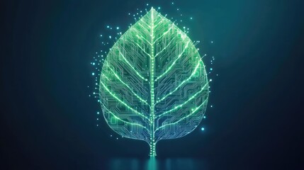 Poster - Futuristic plant growth with circuit board veins in its leaves, illustrating the union of nature and technology for eco-friendly innovation.