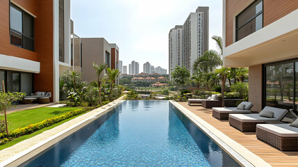 Poster - Modern poolside view in a residential complex with city backdrop.