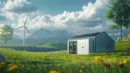 Poster - Modern sustainable structure in a scenic landscape with renewable energy.