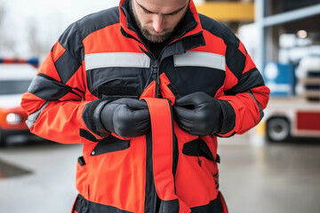 Wall Mural - Close-up of a person in a red and black emergency services uniform fastening their jacket. They are wearing gloves, and an emergency vehicle is visible in the background.