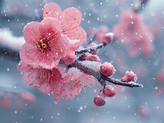 Wall Mural - Pink Cherry Blossoms Covered in Snow - Delicate Beauty in Winter