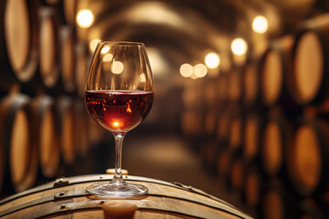 Glass of wine on barrel, rustic setting.