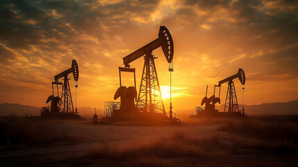 Poster - Oil pumps silhouetted against a vibrant sunset sky.