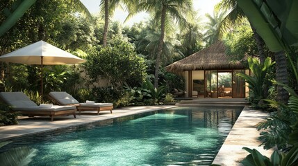 Wall Mural - Tropical beach villa with a stunning pool and lush surroundings, no people. Ample space for copy in the background