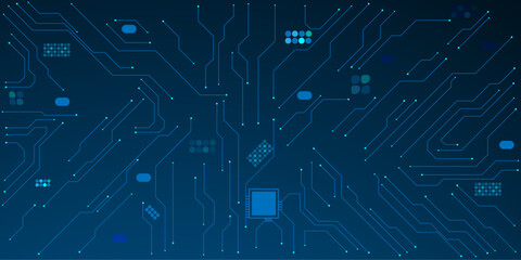 Vector illustration fantastic digital technology. Technology lines circuit and dots on blue background, Thin circuit trace lines in blue on a dark technology background.