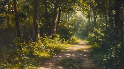 Sticker - A painting of a path through a lush, green forest.