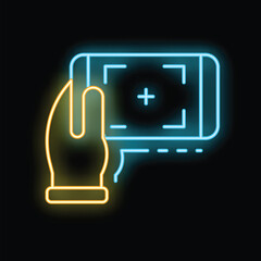Poster - Neon icon of hand holding smartphone and taking photo with cross sign in center