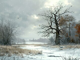 Sticker - Winter Landscape with Bare Trees and Snowfall