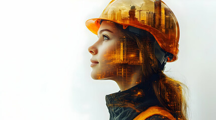 Poster - Profile of a woman in a hard hat with a cityscape overlay.