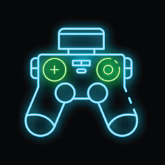 Poster - Neon gamepad icon glowing on dark background representing online gaming and competition