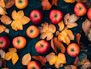 Close-up view of freshly harvested apples and autumn leaves in vibrant fall colors, capturing the essence of harvest season and organic farming