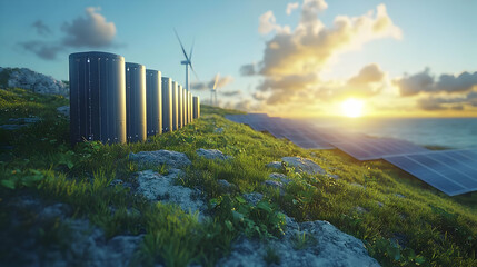 Wall Mural - Renewable energy sources with solar panels and wind turbines at sunset.