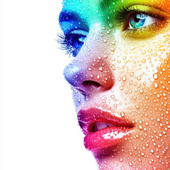 A woman’s face in a rainbow palette close-up, isolated, on a white background. Stylish print on fabric, paper, packaging. Advertising of decorative cosmetics, facial skin care products.