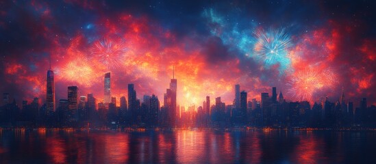 Wall Mural - Cityscape with Fireworks