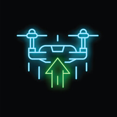 Poster - Neon sign of a drone taking off, with a green up arrow below, on a black background