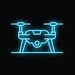 Poster - Blue neon sign of a drone with camera on black background representing innovative aerial technology