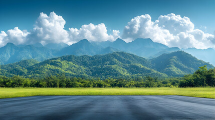 Sticker - Scenic view of mountains under a blue sky with fluffy clouds.