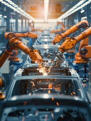 Robotic arms skillfully perform intricate tasks on vehicles in a cutting-edge assembly line, ensuring high efficiency and precision. Generative AI