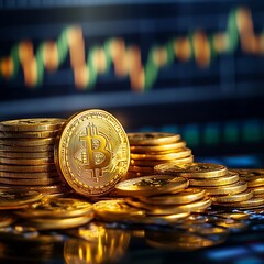 Digital bitcoin coins placed over fluctuating cryptocurrency market chart background