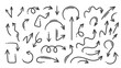 © setory - Arrow line icons set. Outline handwritten thin elements collection made with pencil, marker or pen. Simple sketch of straight and spiral pointers, arrows with swirls, circles icons vector illustration