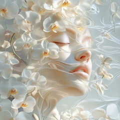 Wall Mural - A woman’s face in a floral halo of white orchids close-up. A symbol of flora, unity with nature. Stylish print on fabric, paper, packaging. Advertising of decorative cosmetics, plant-based facial skin