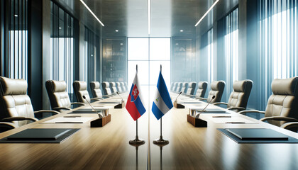 A modern conference room with Slovakia and Nicaragua flags on a long table, symbolizing a bilateral meeting or diplomatic discussions between the two nations.