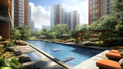 Sticker - Serene poolside view surrounded by modern buildings and greenery.