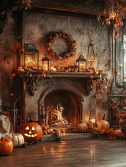 Poster - Cozy Halloween interior decorations with a fireplace and festive elements vertical background