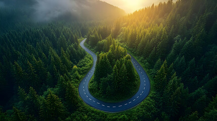 Poster - Serene winding road through lush green forest at sunrise.