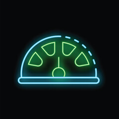 Poster - Bright neon speedometer with glowing green indicator needle moving on black background