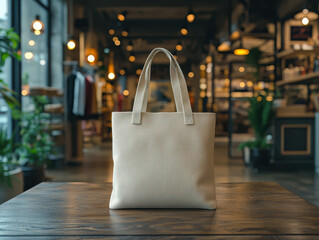 Cotton canvas tote bag mockup on a table in a modern shopping mall, with a blurred background.