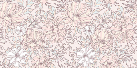 Poster - Flower background, abstract floral print, vintage peony illustration, seamless repeating tile, cover or banned design concept