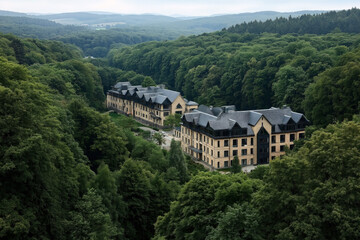 Sticker - Two large stone buildings with dark roofs set within a lush, dense forest landscape. Surrounding the structures are extensive wooded areas and rolling hills in the background.