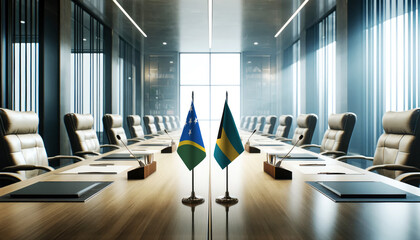 A modern conference room with Solomon Islands and Bahamas flags on a long table, symbolizing a bilateral meeting or diplomatic discussions between the two nations.